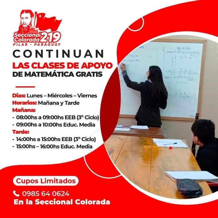 Seccional Colorada de Pilar ofrece clases de apoyo de matemática totalmente gratis.