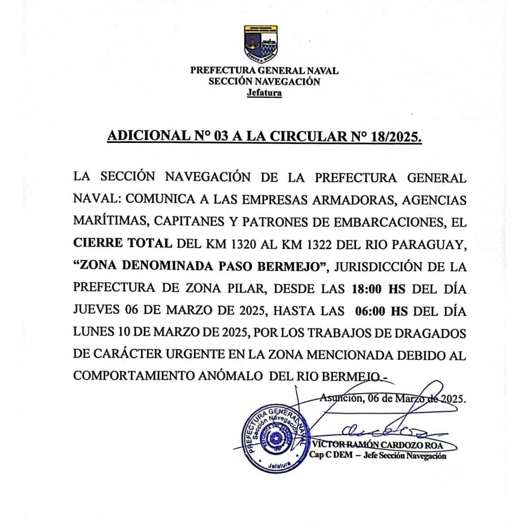 Cierre total de la zona denominada «Paso Bermejo», Jurisdicción de la Prefectura de la zona Pilar.